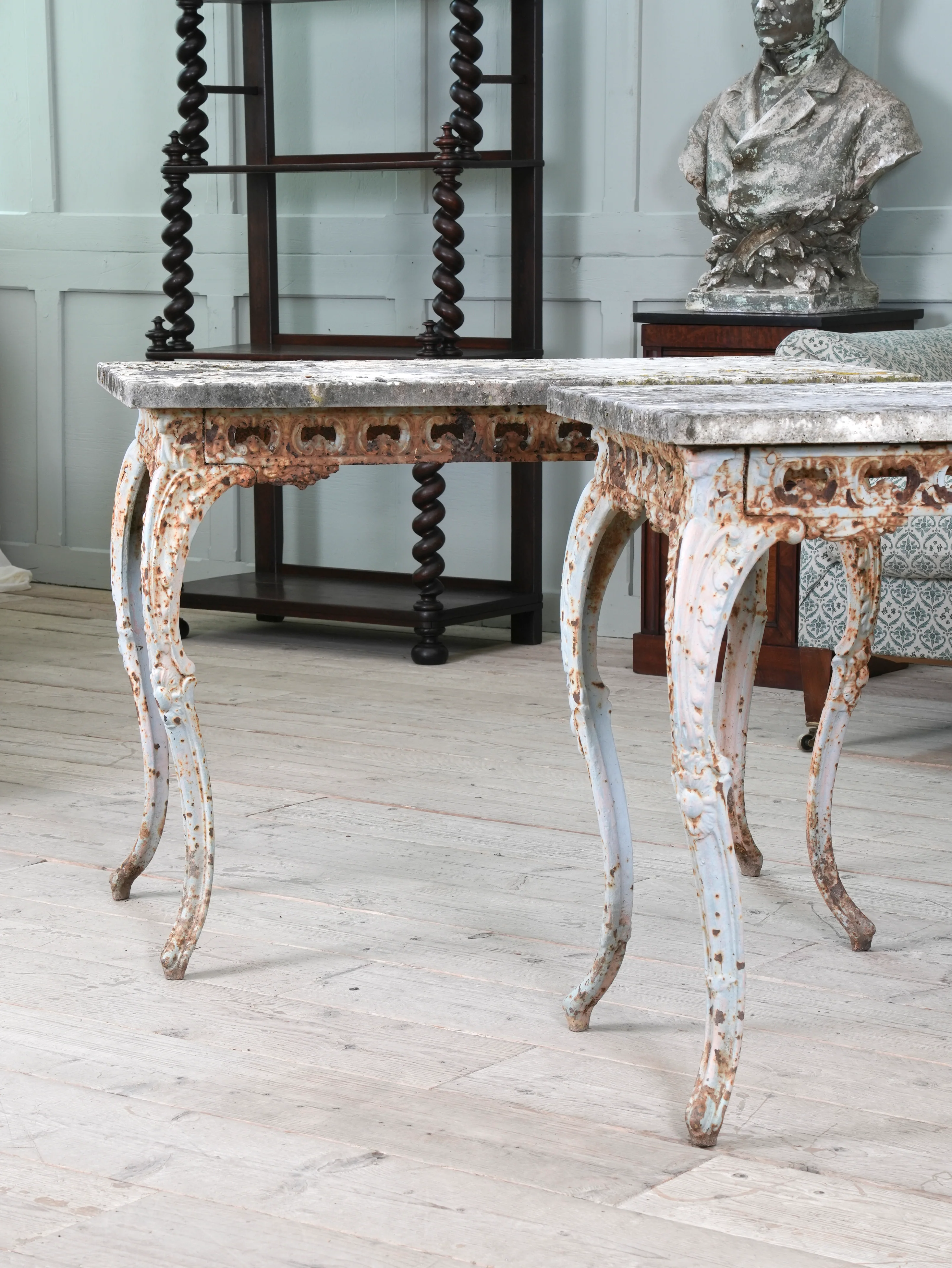 A Pair of Travertine Marble & Cast Iron Orangery Tables - Image 6