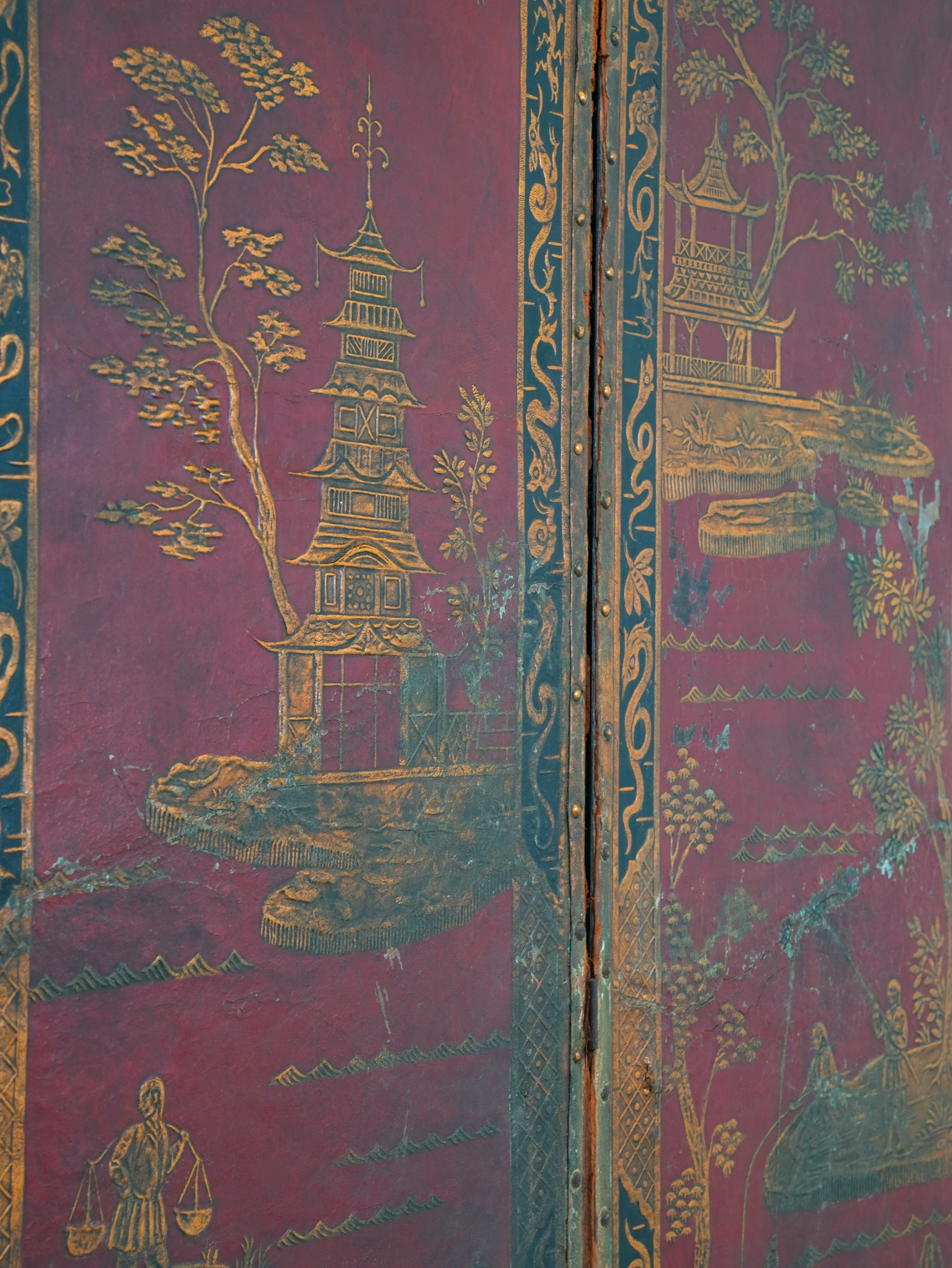 A 19th Century Leather Chinoiserie Room Screen - Image 20