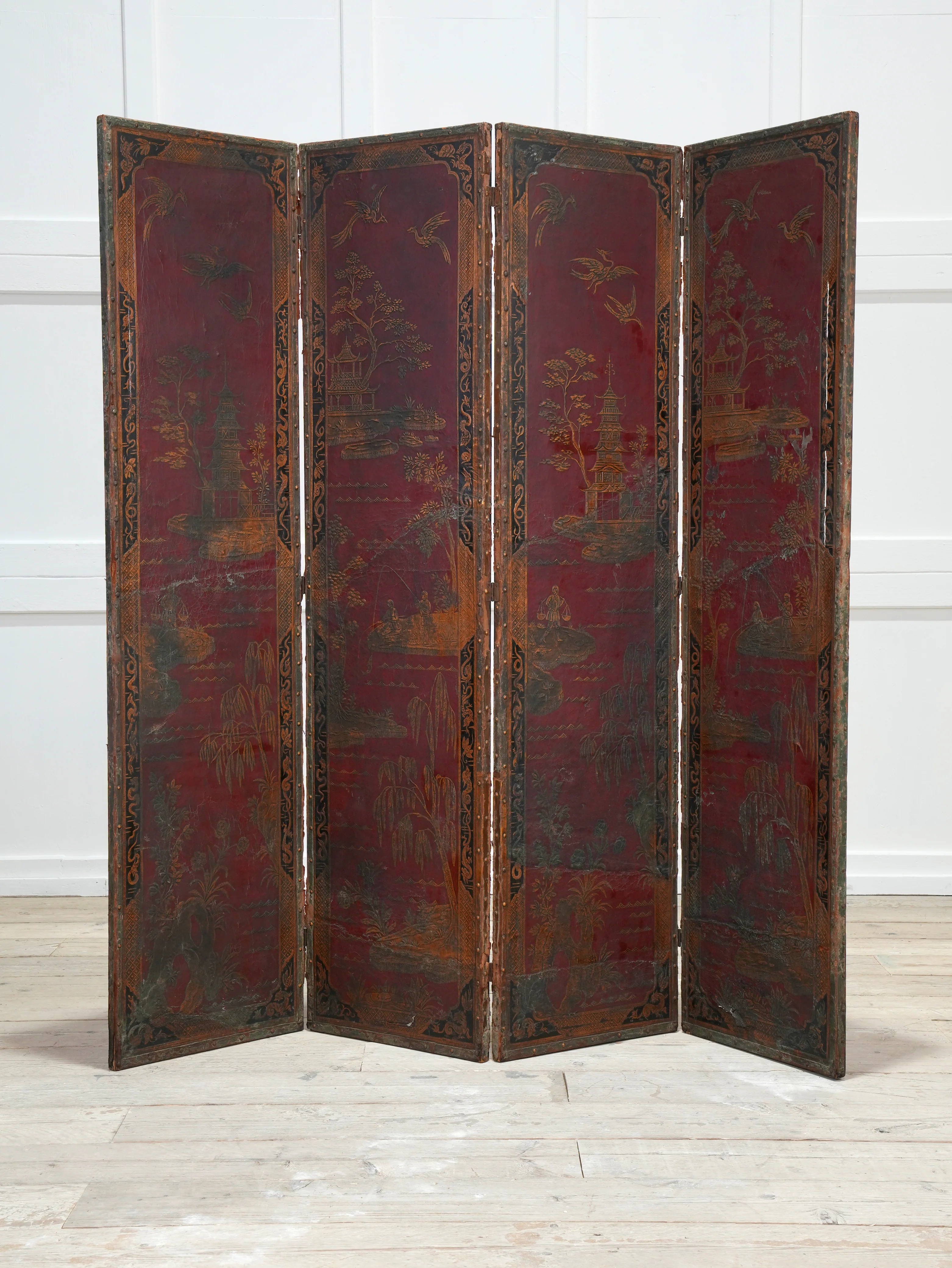 A 19th Century Leather Chinoiserie Room Screen - Image 3