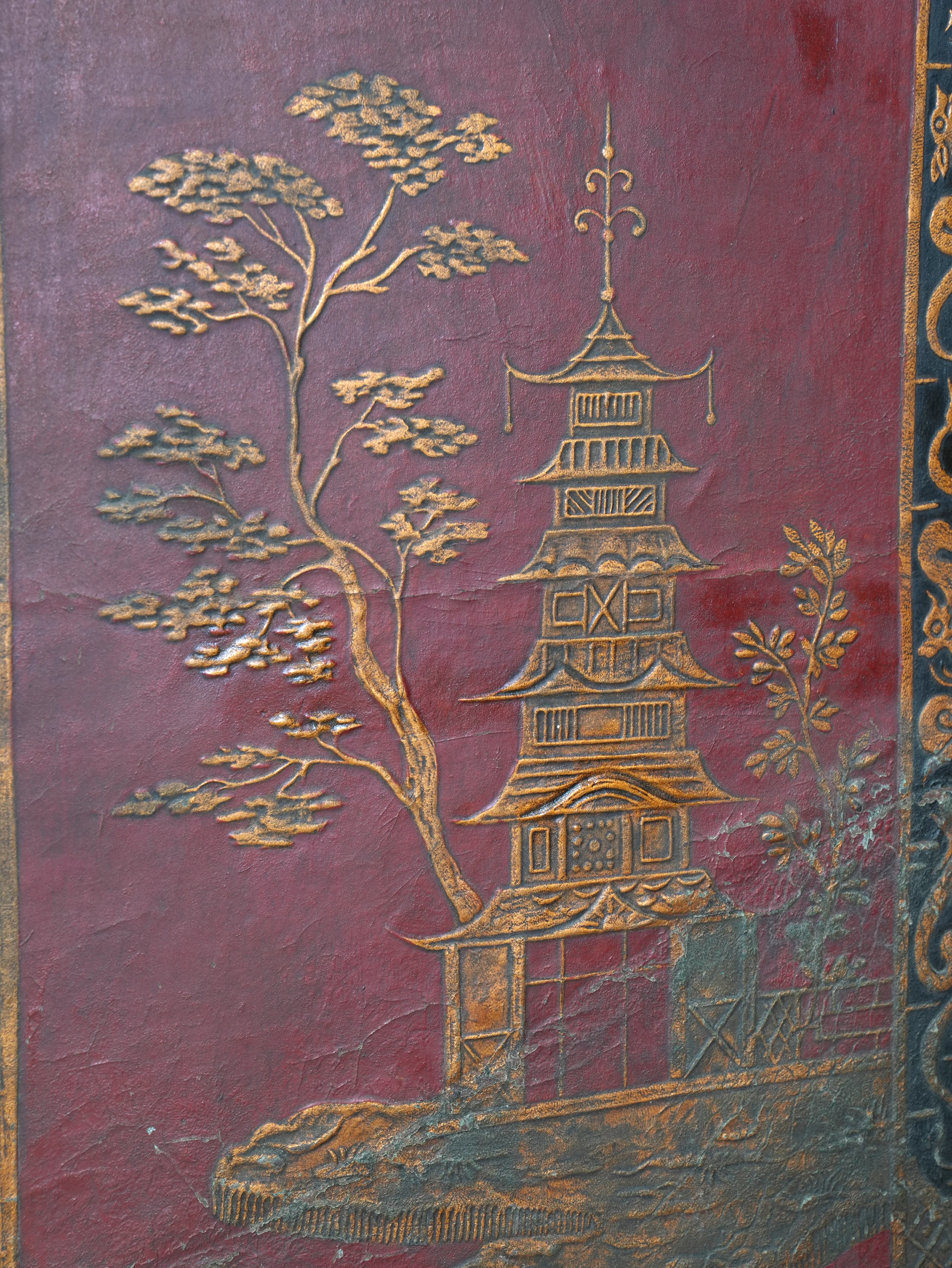 A 19th Century Leather Chinoiserie Room Screen - Image 5