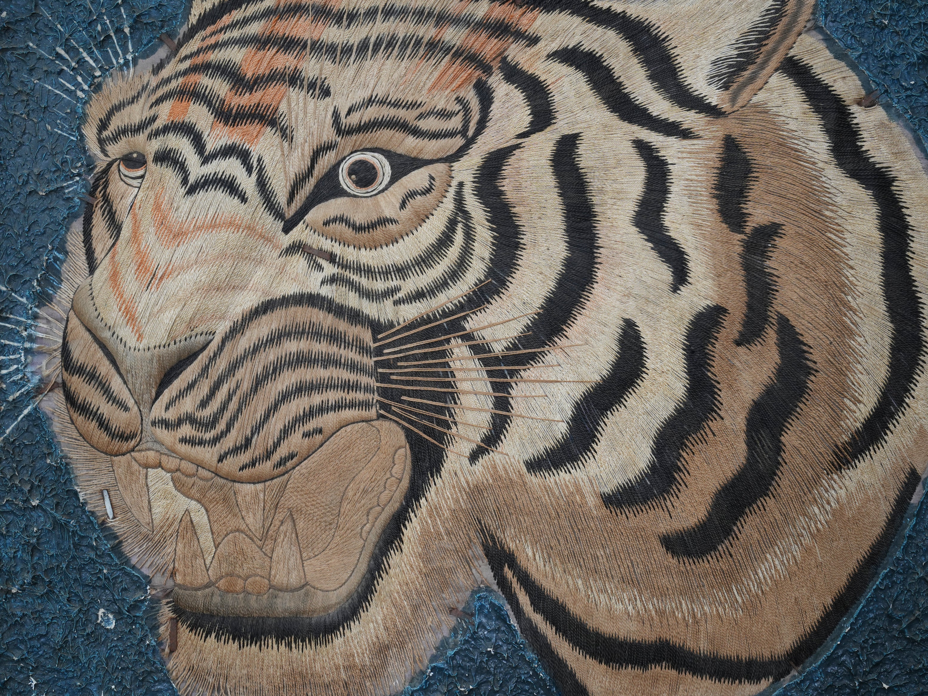 A Pair of Framed Silk Embroideries of Tigers Heads - Image 13