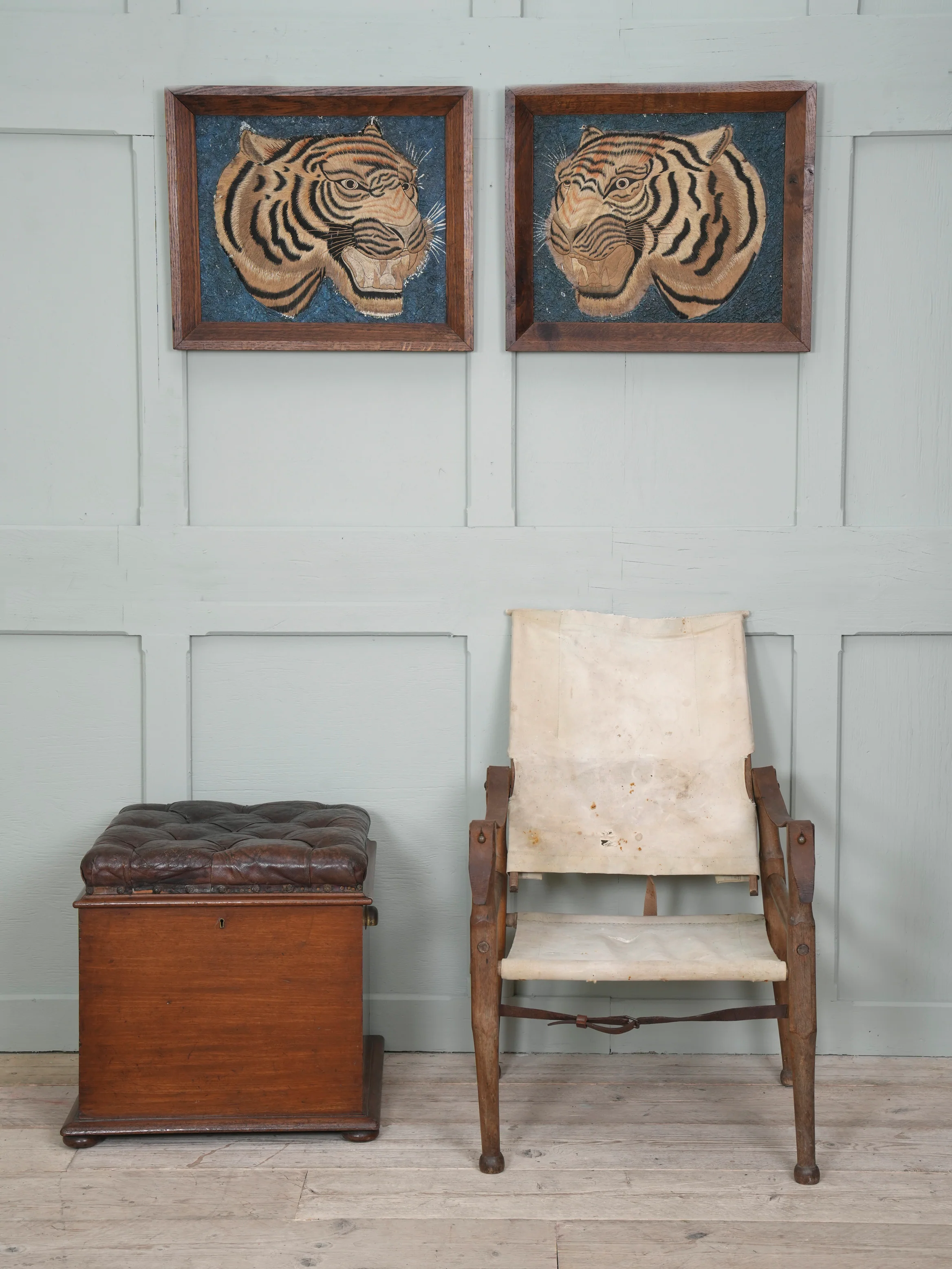 A Pair of Framed Silk Embroideries of Tigers Heads - Image 2