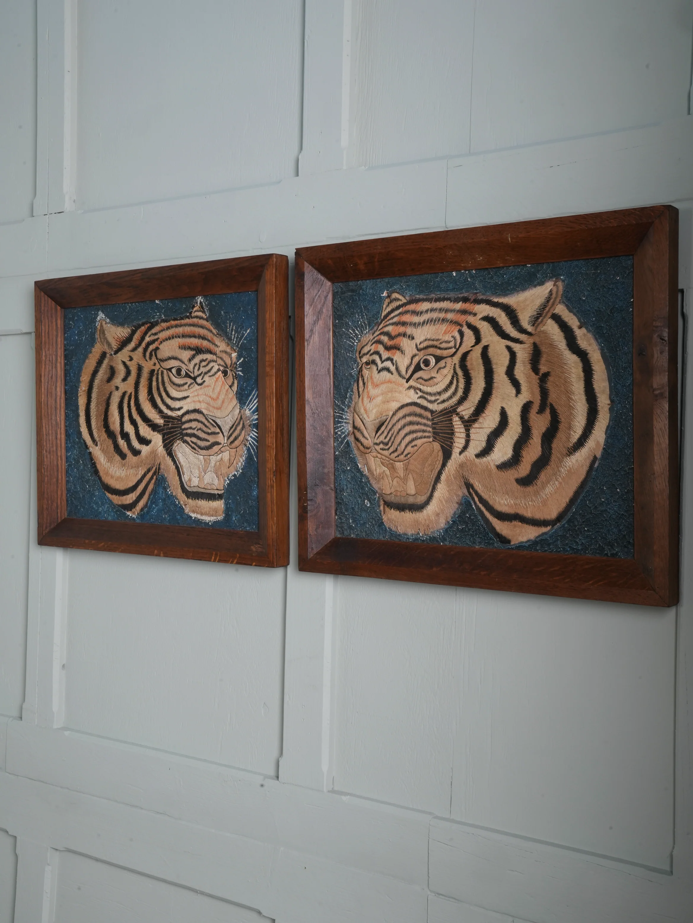 A Pair of Framed Silk Embroideries of Tigers Heads - Image 4