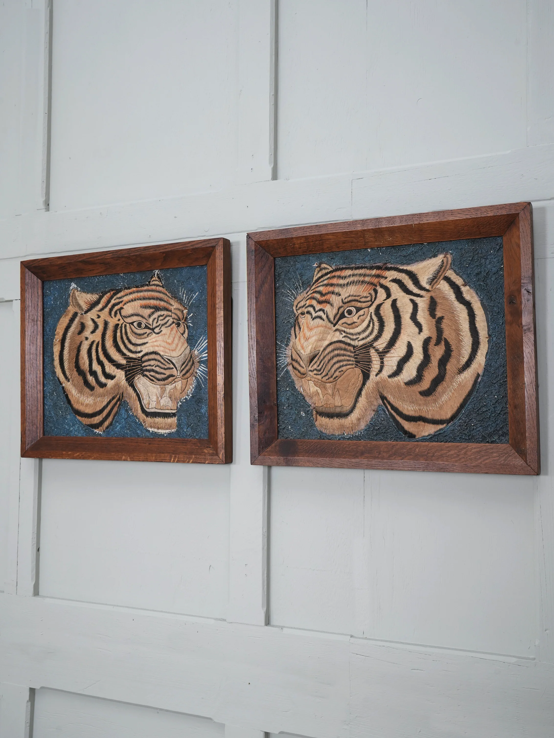 A Pair of Framed Silk Embroideries of Tigers Heads - Image 5
