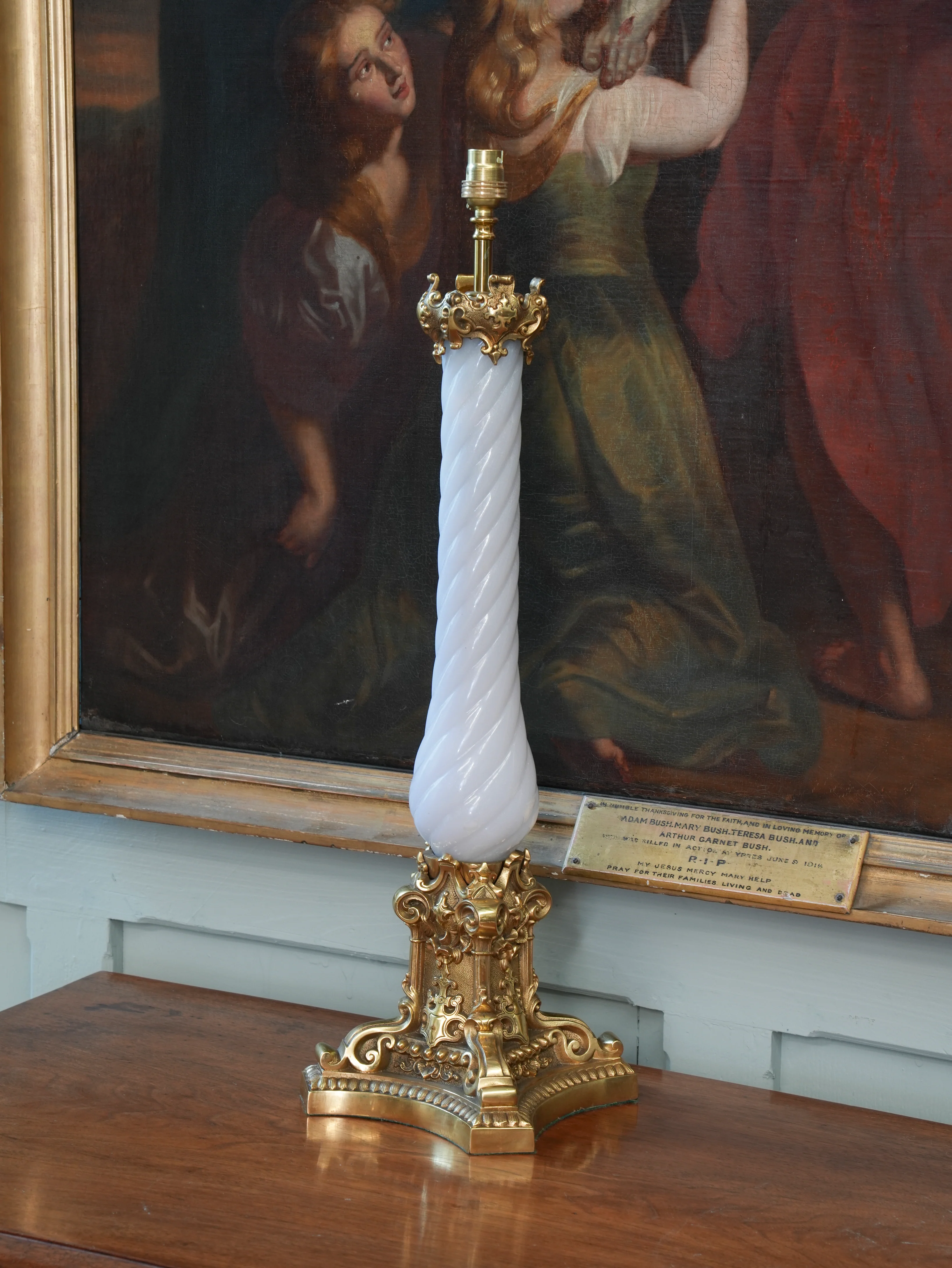A Large Polished Brass & Opaline Glass Table Lamp - Image 2