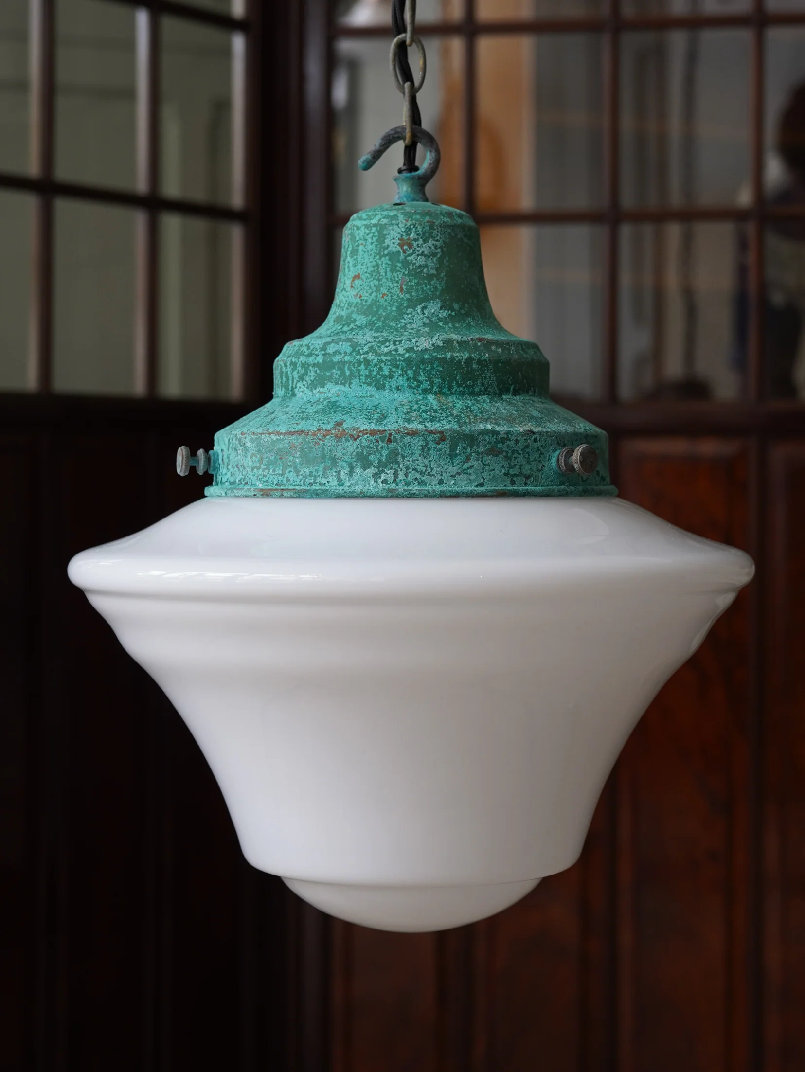 The Draughtsman Opaline Glass Pendant Light in Verdigris - Image 4