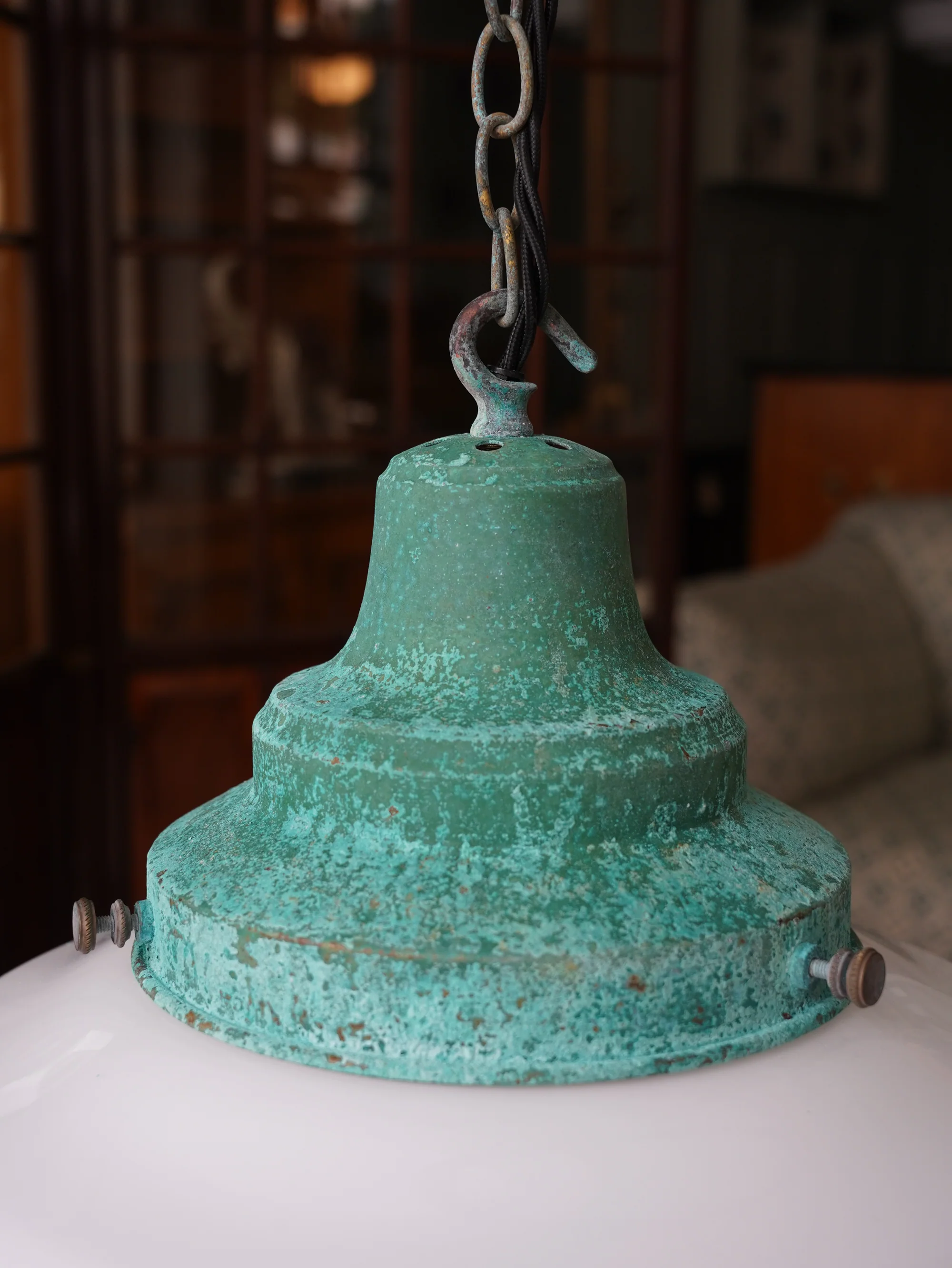 The Draughtsman Opaline Glass Pendant Light in Verdigris - Image 6