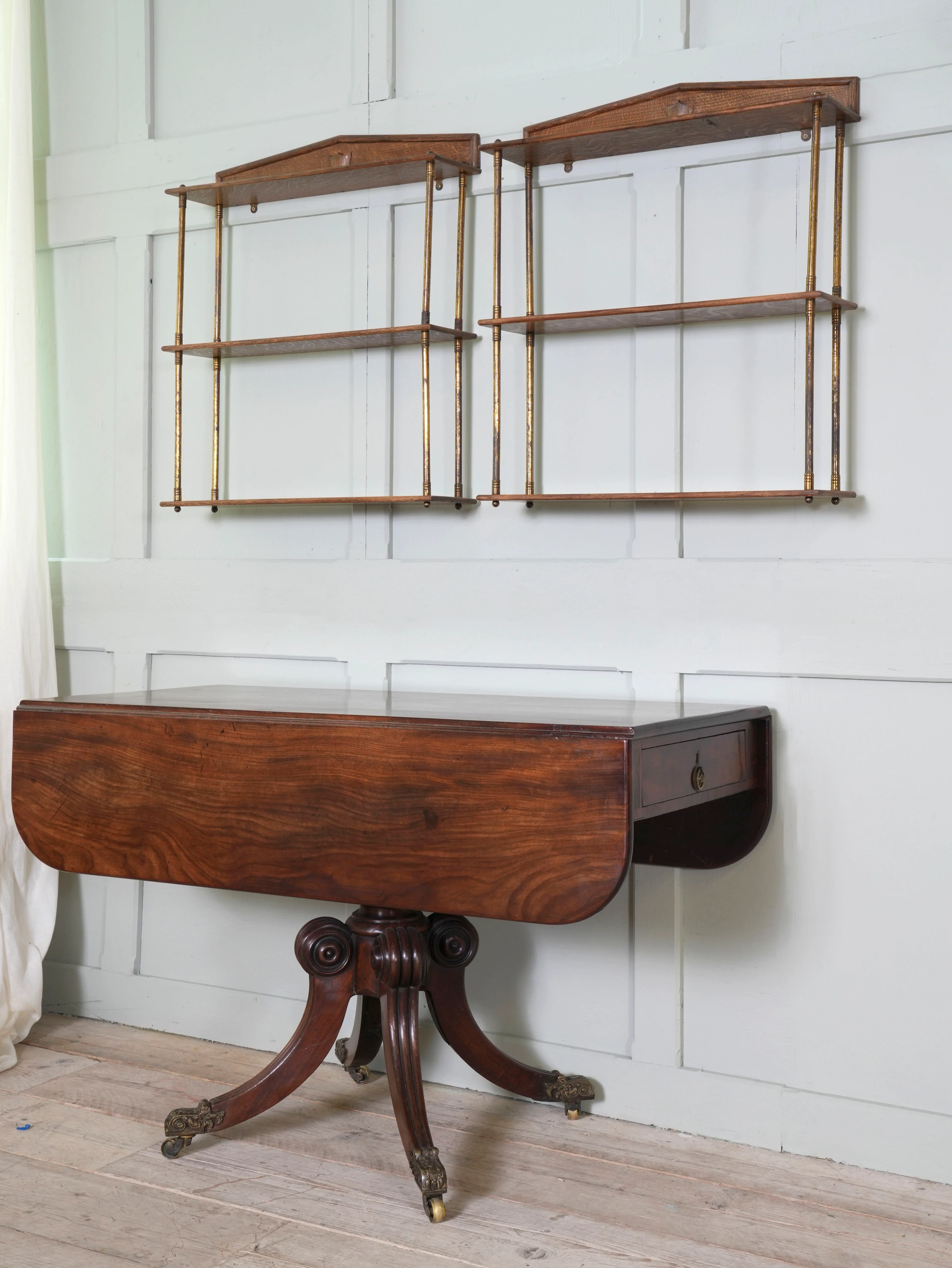 A Pair of Gilt Brass & Oak Hanging Shelves - Image 2