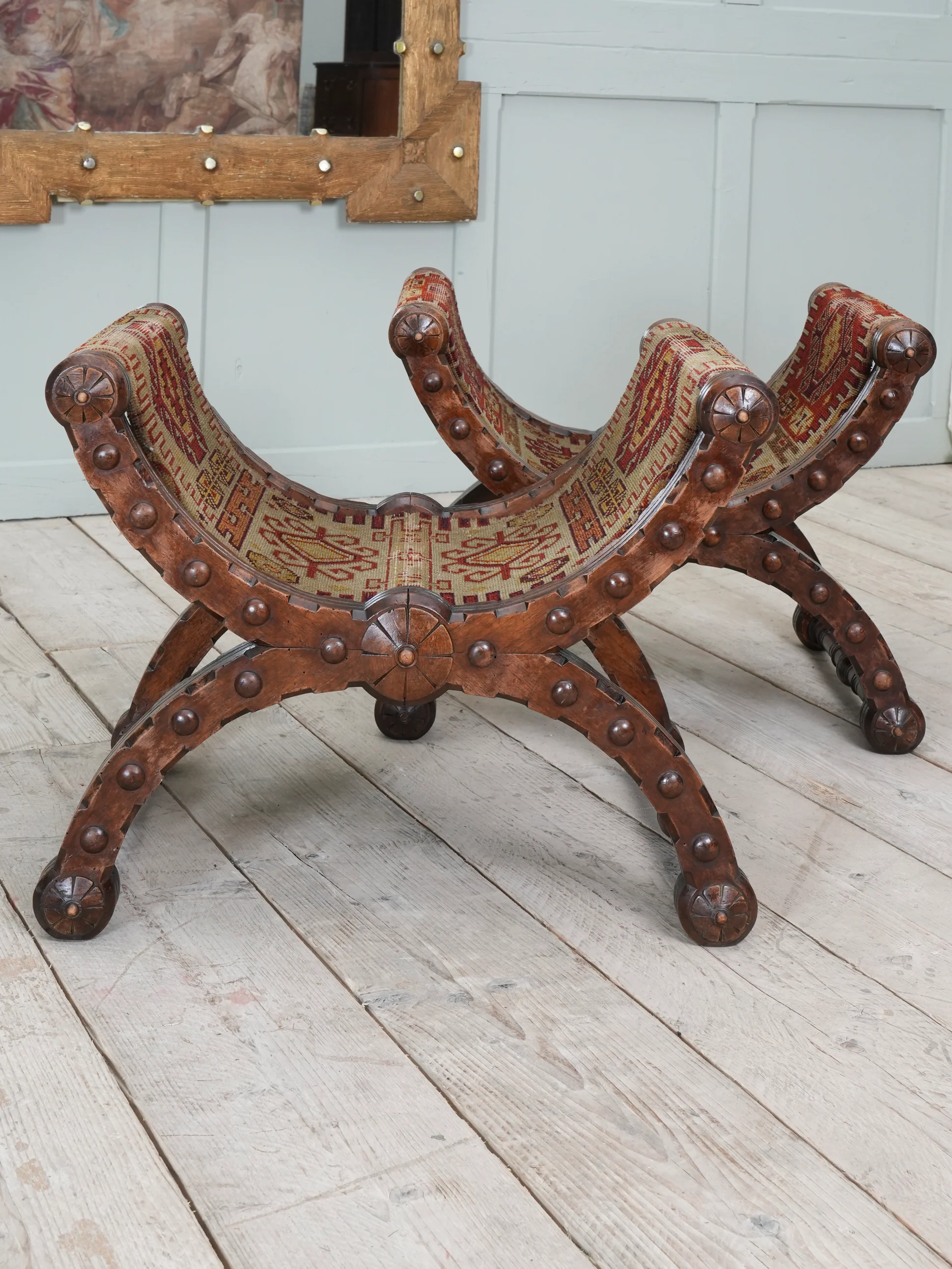 A Pair of Reformed Gothic X Frame Mahogany Stools - Image 2