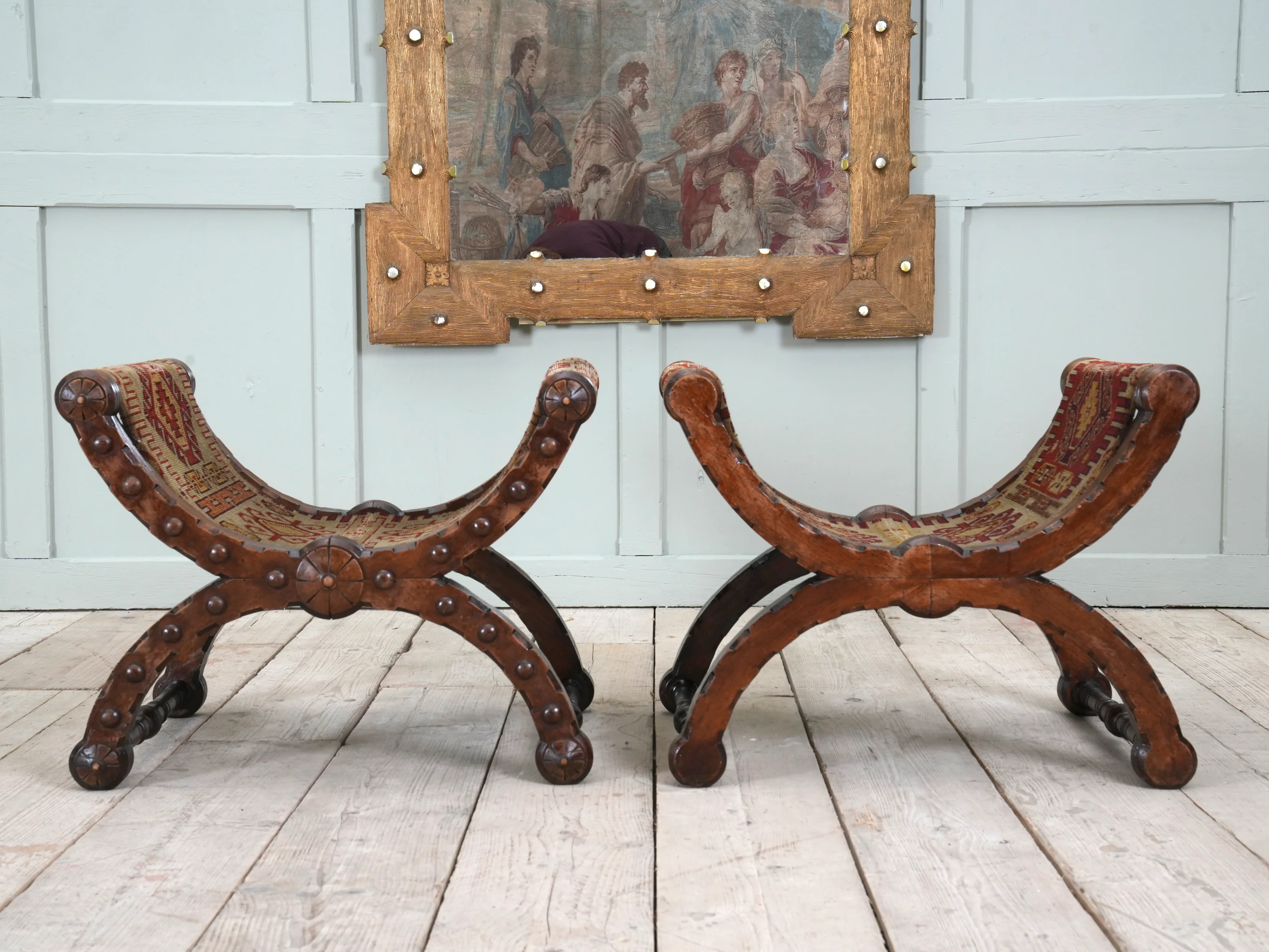 A Pair of Reformed Gothic X Frame Mahogany Stools - Image 3