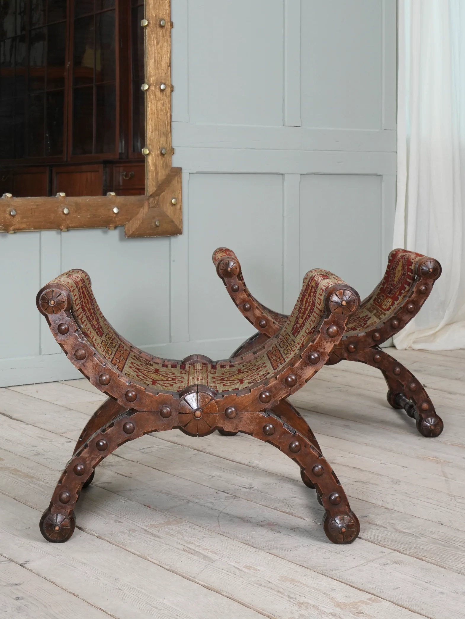 A Pair of Reformed Gothic X Frame Mahogany Stools - Image 4