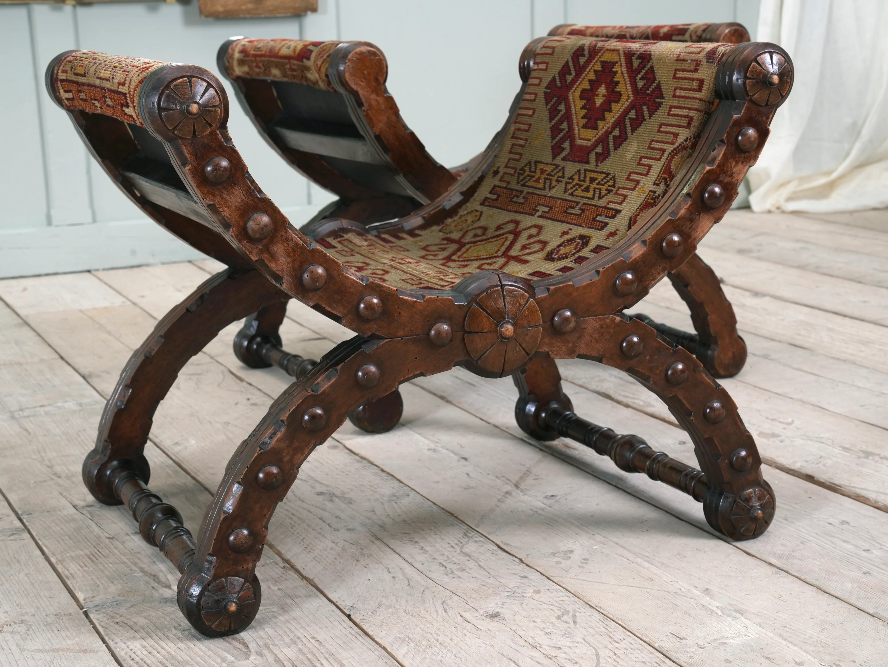 A Pair of Reformed Gothic X Frame Mahogany Stools - Image 5