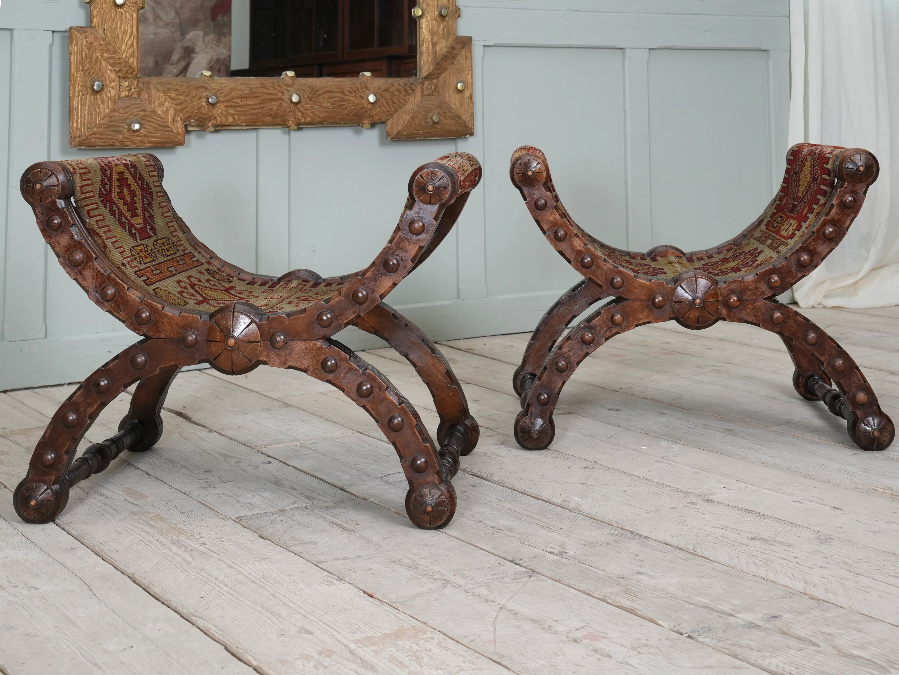 A Pair of Reformed Gothic X Frame Mahogany Stools - Image 9
